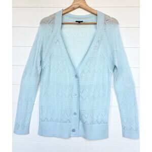 Talbots Lace Pointelle Knit Cardigan Ice Blue Cotton Modal Lightweight Spring